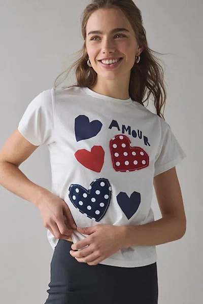 Urban Outfitters Amour Polka Dot Hearts Applique Graphic Slim Tee In White, Women's At