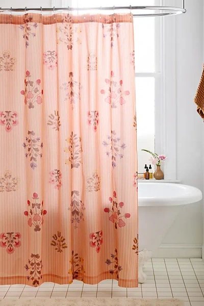 Urban Outfitters Arielle Floral Woodblock Patterned Shower Curtain In Peach At  In Pink
