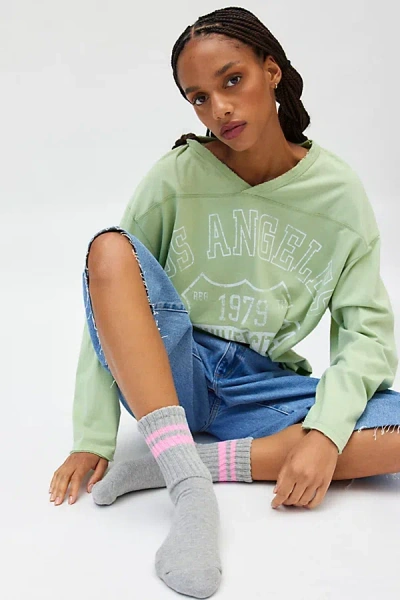 Urban Outfitters Athletic Striped Slouch Crew Sock In Heather Grey/fuschia Pink, Women's At
