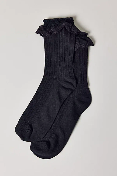 Urban Outfitters Ava Heart Lace Trim Crew Sock In Black, Women's At