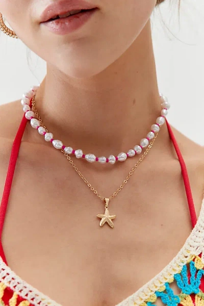 Urban Outfitters Beachy Neon Pearl & Charm Layering Necklace Set In Pink Starfish, Women's At  In Gold