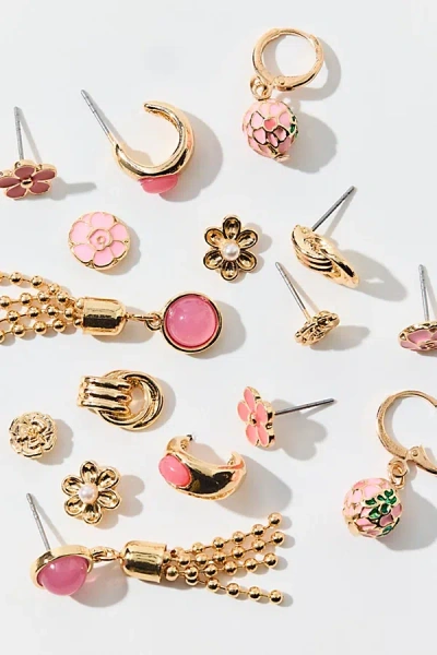 Urban Outfitters Bloom Flower Enameled Multi Earring Set In Gold, Women's At  In Pink