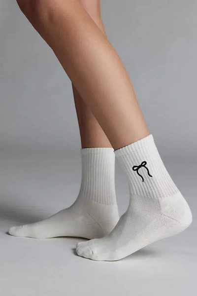 Urban Outfitters Icon Embroidered Quarter Crew Sock In White/black Bow, Women's At