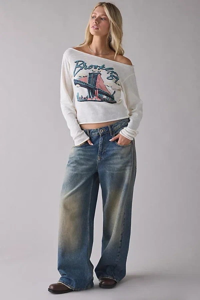 Urban Outfitters Brooklyn Bridge Graphic Long Sleeve Off-the-shoulder Tee In White, Women's At