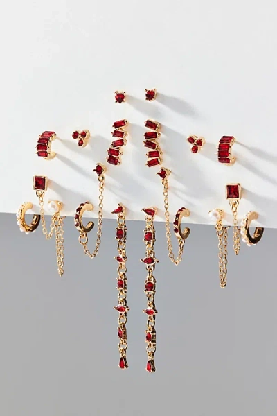 Urban Outfitters Camilla Rhinestone Earring Set In Gold/red, Women's At