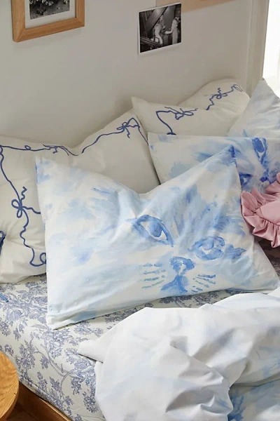 Urban Outfitters Cat Face Breezy Cotton Percale Sham Set In Blue At
