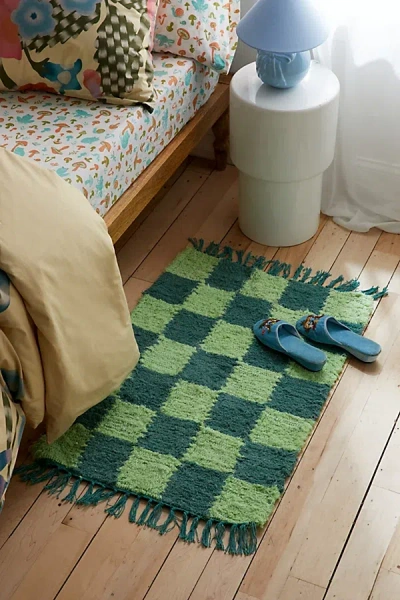 Urban Outfitters Checkerboard Woven Shag Rag Rug In Light Green At
