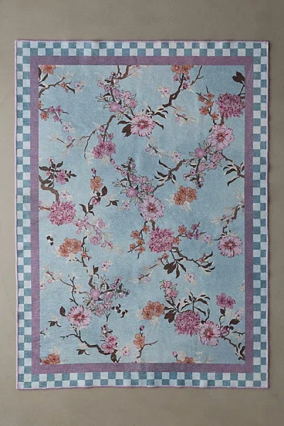 Urban Outfitters Checkered Border Floral Printed Rug In Sky At  In Blue
