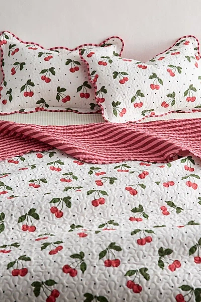 Urban Outfitters Cherry & Striped Patterned Scalloped Reversible Quilt Set In Red At  In Multi