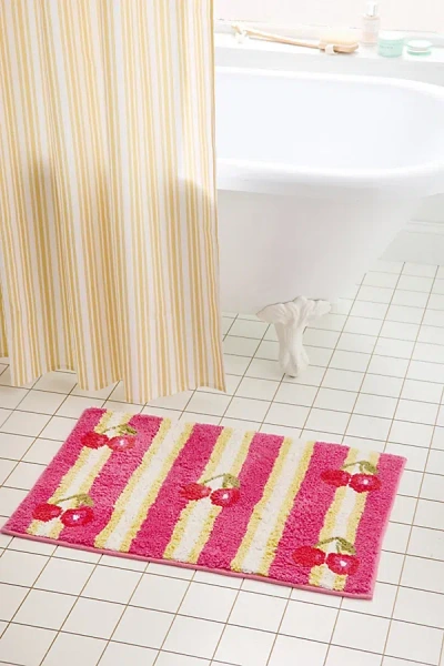 Urban Outfitters Cherry Striped Plush Tufted Bath Mat In Pink At