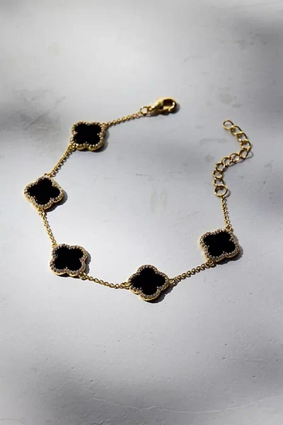Urban Outfitters Clover Charm Rhinestone Chain Bracelet In Black, Women's At  In Gold