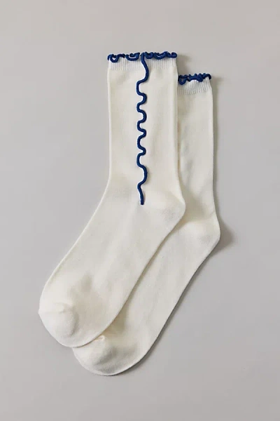 Urban Outfitters Contrast Lettuce Edge Crew Socks In White/blue, Women's At