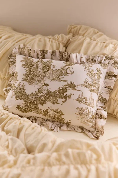 Urban Outfitters Cotton Ruffle Bolster Pillow In Green Frog Toile At