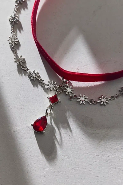 Urban Outfitters Crimson Gem Drop Layered Velvet Choker Necklace In Red, Women's At