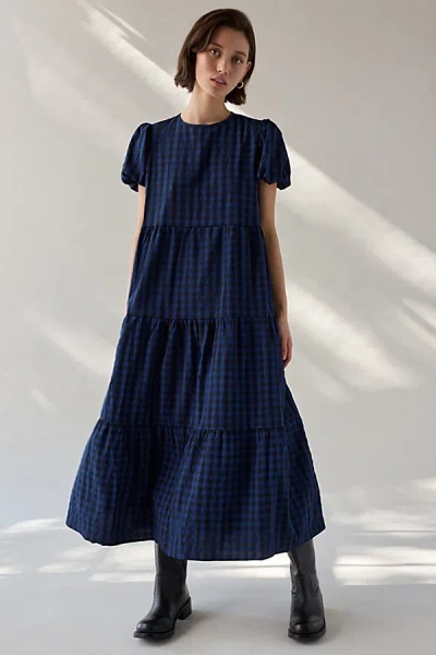 Urban Outfitters Daisy Street Plaid Puff Sleeve Tiered Smock Midi Dress In Navy, Women's At  In Blue
