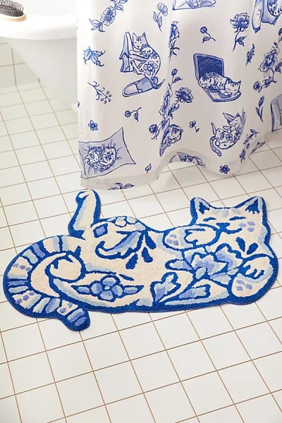 Urban Outfitters Delft Cat Bath Mat In Blue At