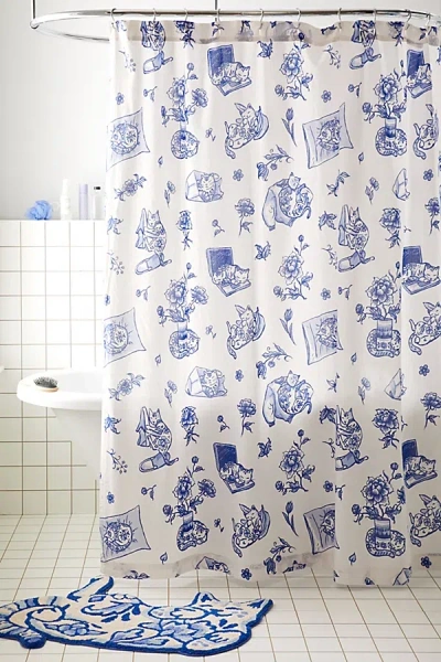 Urban Outfitters Delft Cat Shower Curtain In Delft Cat At  In Blue