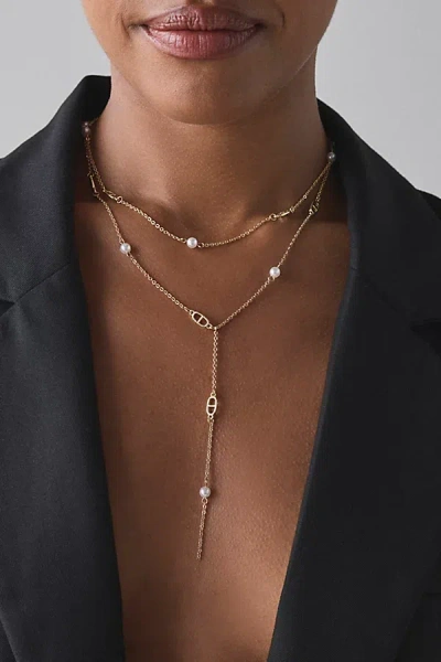 Urban Outfitters Delicate Pearl Lariat Layered Necklace In Gold, Women's At