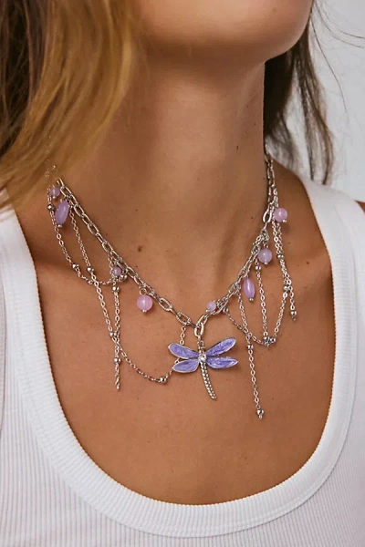 Urban Outfitters Dragonfly Stone Layered Chain Necklace In Silver/purple, Women's At  In Metallic