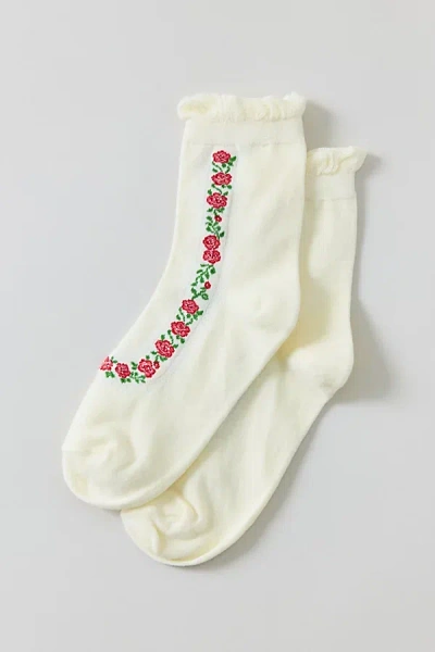 Urban Outfitters Embroidered Flower Chain Lettuce Edge Socks In White/roses, Women's At