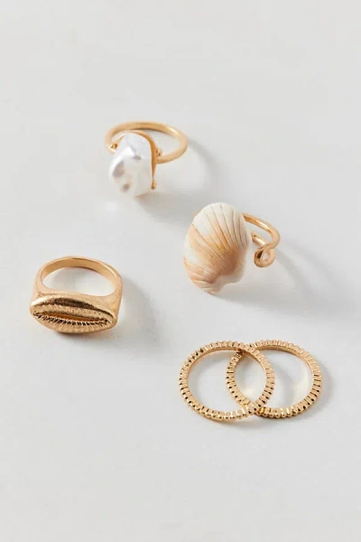 Urban Outfitters Emery Pearl And Shell Ring Set In Gold Shell, Women's At