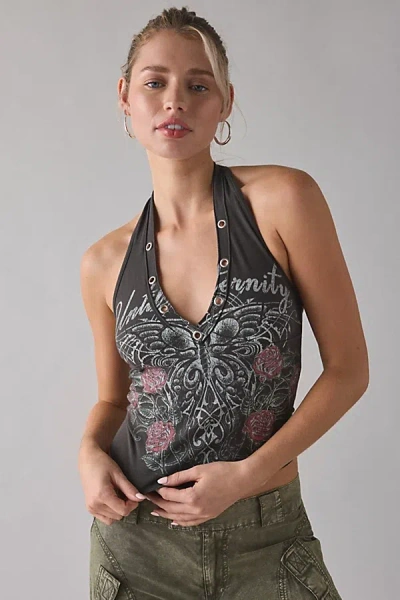 Urban Outfitters Eternity Graphic Silver Eyelet Studded Plunging Halter Tee In Charcoal, Women's At  In Gray