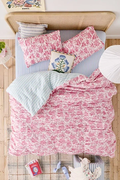 Urban Outfitters Fancy Toile & Striped Reversible Comforter Set In Pink At