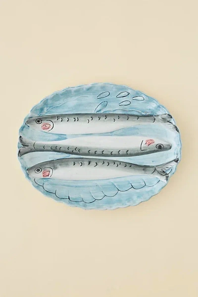 Urban Outfitters Fish Scalloped Ceramic Serving Platter In Blue At