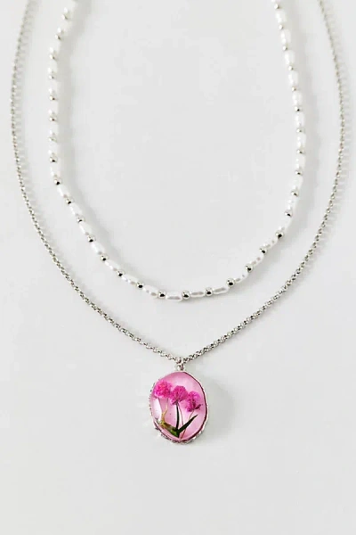 Urban Outfitters Flora Flower Pendant Pearl Layering Necklace Set In Silver/pink, Women's At  In White