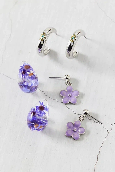 Urban Outfitters Flora Post And Hoop Earring Set In Silver/lavender, Women's At