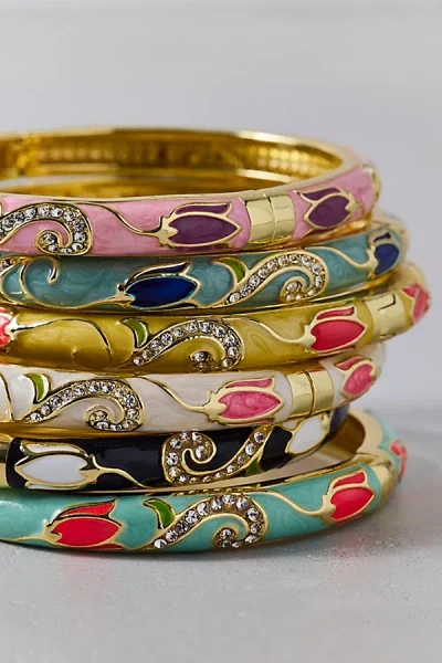 Urban Outfitters Floral Enameled Bangle Bracelet In Dark Green, Women's At  In Multi