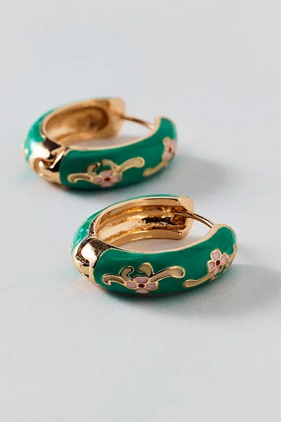 Urban Outfitters Floral Enameled Metal Hoop Earring In Light Green, Women's At