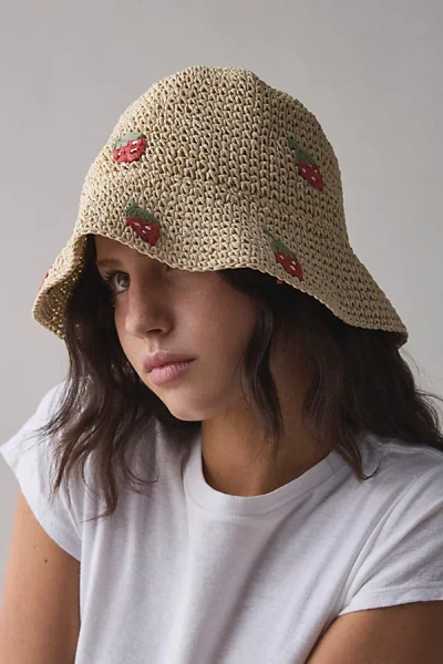 Urban Outfitters Fruit Woven Straw Bucket Hat In Strawberry, Women's At  In Neutral