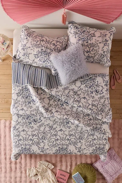 Urban Outfitters Garden Toile & Striped Reversible Cotton Quilt Set In Blue At  In Gray