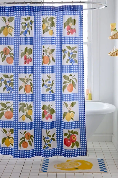 Urban Outfitters Gingham Fruit Patterned Shower Curtain In Cobalt At