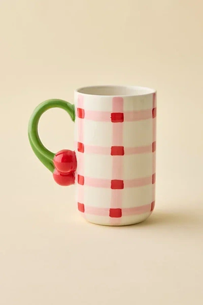 Urban Outfitters Gingham Pattern Cherry Handle Ceramic Mug In Red At