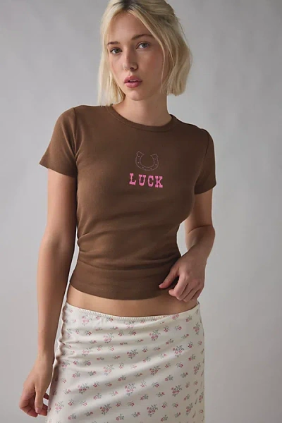 Urban Outfitters Good Luck Horseshoe Diamanté Graphic Baby Tee In Brown, Women's At