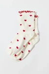 Urban Outfitters Heart Allover Print Lettuce Edge Crew Sock In White/red, Women's At