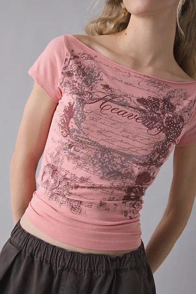 Urban Outfitters Heavenly Rhinestone Graphic Off-the-shoulder Slim Tee In Pink, Women's At