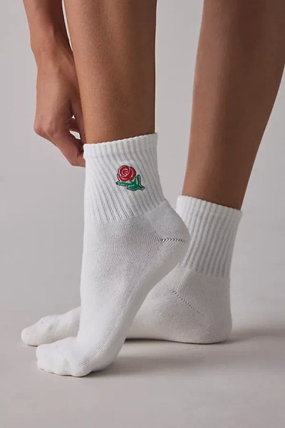 Urban Outfitters Icon Embroidered Quarter Crew Sock In Cream/rose, Women's At