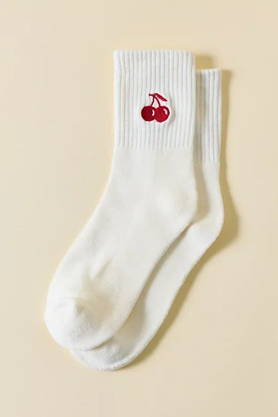 Urban Outfitters Icon Embroidered Quarter Crew Sock In Red Cherry, Women's At  In White