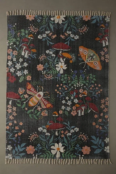 Urban Outfitters Insect Floral Embroidered Brushed Rug In Black At