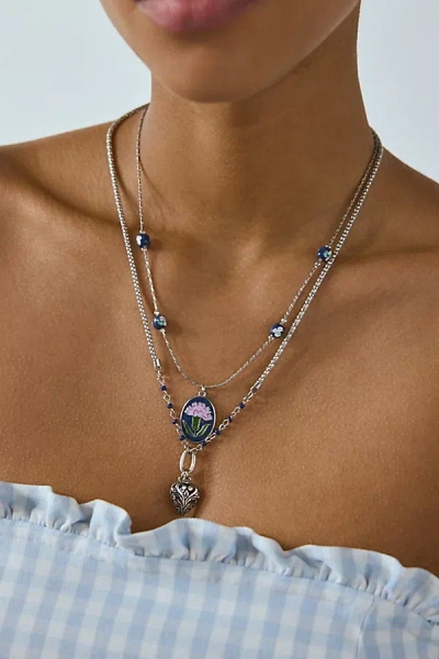 Urban Outfitters Jane Carnation Flower Pendant Layering Necklace Set In Silver, Women's At