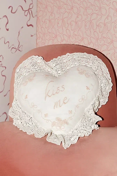 Urban Outfitters Kiss Me Embroidered Ruffle Heart Throw Pillow In White At
