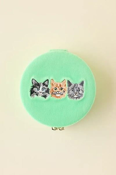 Urban Outfitters Kitty Cat Embroidered Velvet Travel Jewelry Case In Green At