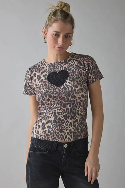 Urban Outfitters Lace Heart Applique Graphic Leopard Print Baby Tee In Leopard Print, Women's At  In Animal Print