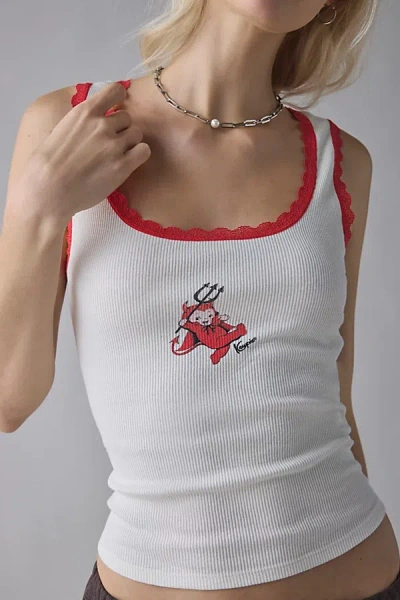 Urban Outfitters Lace Trim Graphic Scoop Neck Cropped Tank Top In Devil, Women's At  In White