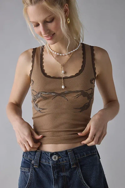 Urban Outfitters Lace Trim Graphic Scoop Neck Cropped Tank Top In Scorpion, Women's At  In Brown