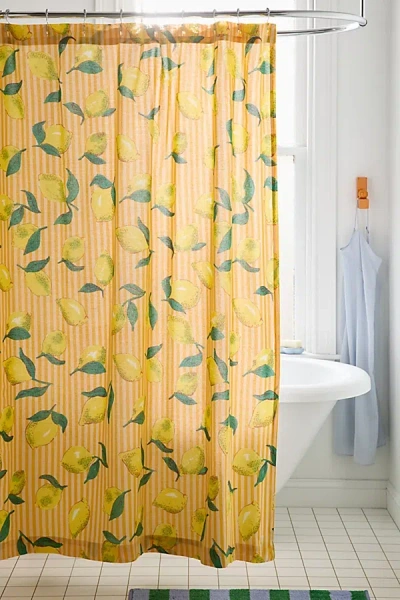 Urban Outfitters Lemon Graphic Stripe Patterned Shower Curtain In Yellow At