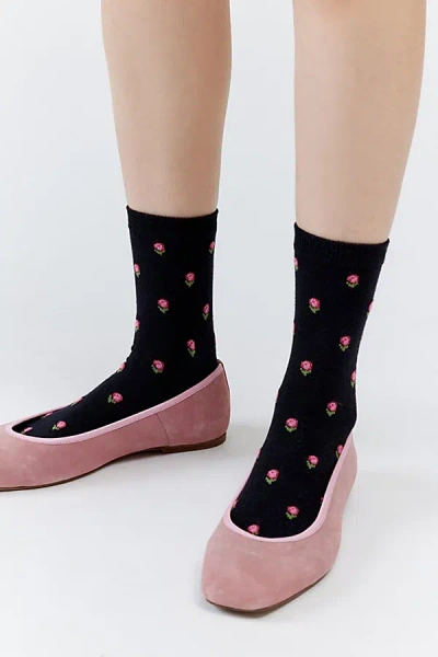 Urban Outfitters Little Flowers Soft Crew Sock In Black, Women's At